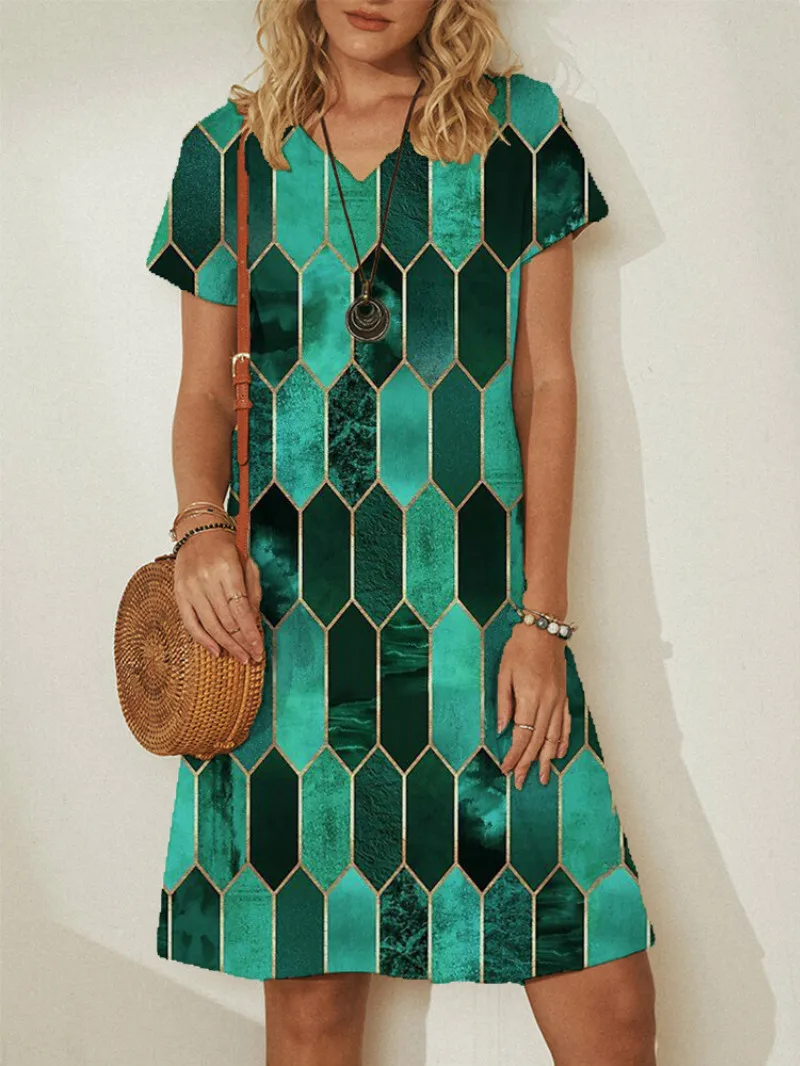 

Dress Ladies Loose V-Neck Dresses Medium Length Printed Robe British Style Party Outfits Clubwear Vintage Lightd Fashion 2021