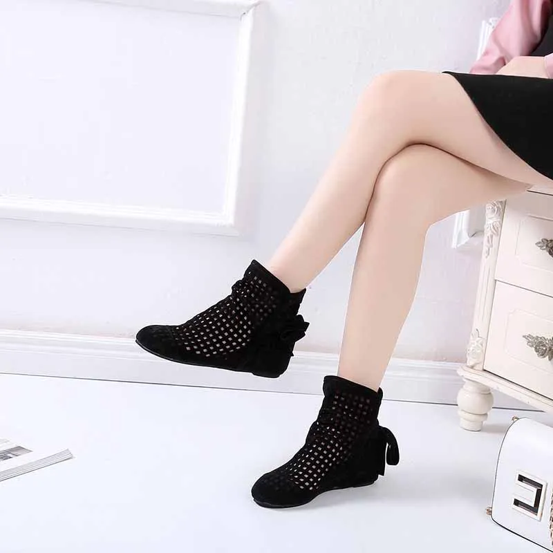 

2021 New Hot Sale Women Summer Boots Flat Low Hidden Wedges Cutout Bow Boots Ladies Dress Casual Shoes Botas Mujer Size 35-43