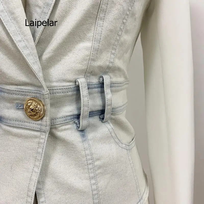 

2021 Newest Stylish Designer Jacket Women's Slim Fitting Lion Button Denim Patchwork Blazer