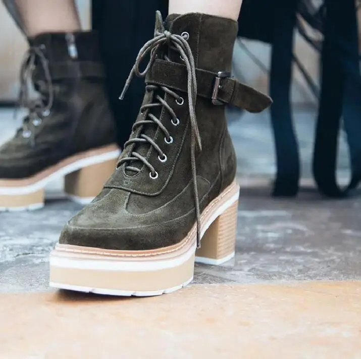 

Punk Military Shoes Ankle Boots Cow Leather Square Heels Platform Pointed Toe Female Shoes Womens Boots D57