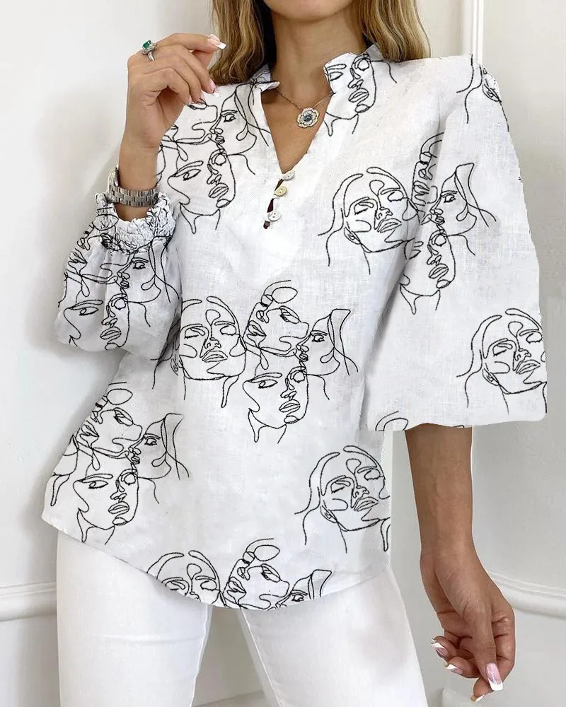 

Abstract Print Lantern Sleeve Buttoned Top