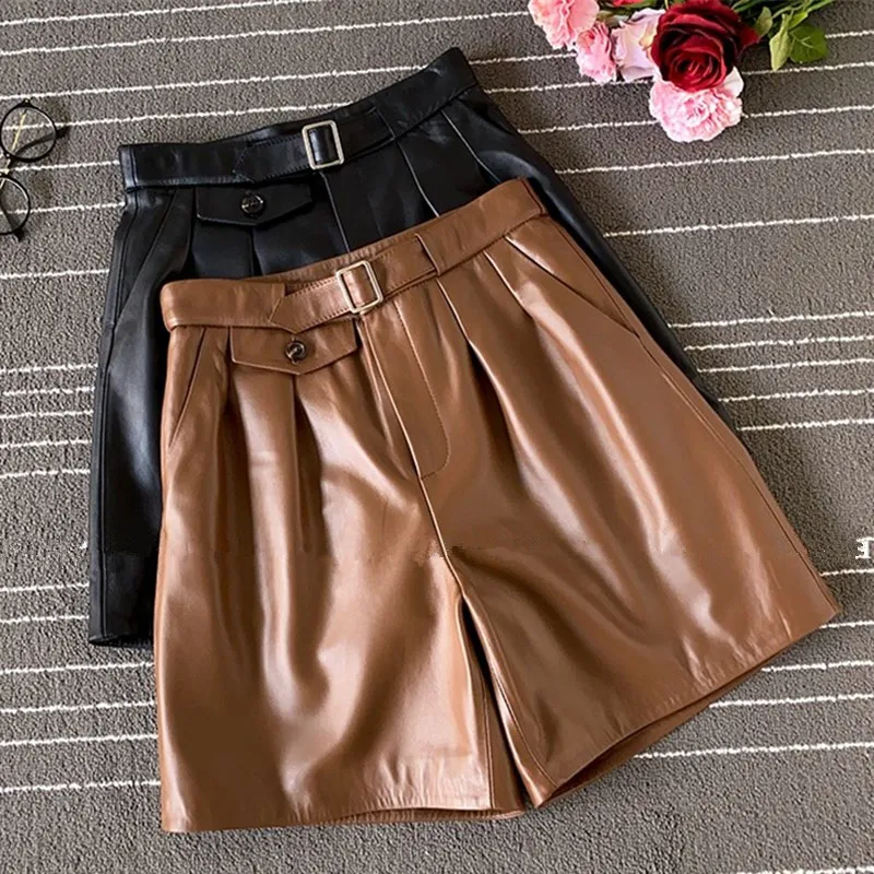 2020 Autumn Women's High quality sheepskin Real leather High-rise wide leag pants Chic women leather short pants C213