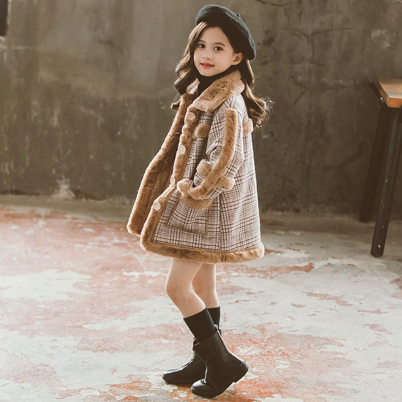 Подростковое плотное шерстяное кашемировое пальто в клетку для девочек