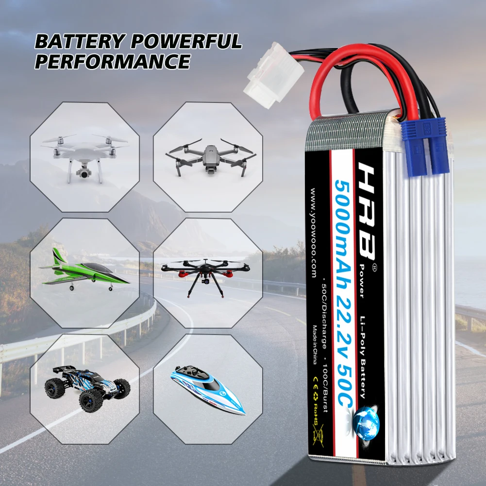 HRB-bater&iacute;a Lipo 6S de 22,2 V, 5000mAh, 50C con conector EC5 XT90 para Lab 700 800, Quadcopter, helic&oacute;ptero, Drone, Align 7,2 Yak 54, 2 uds.-2