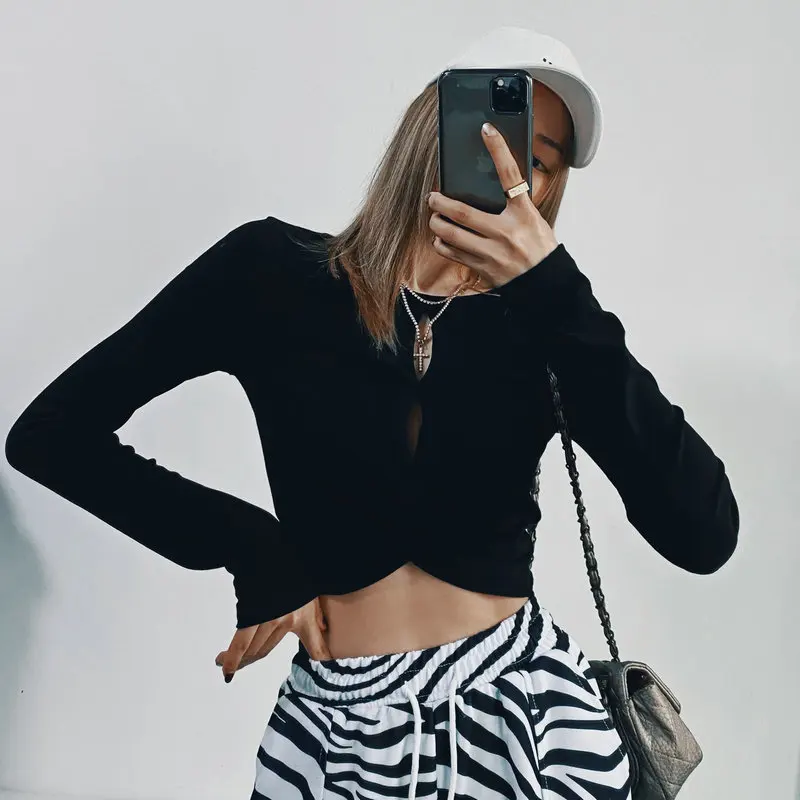 

Summer Spring Women Black Sexy Bolero Blouse Front Crochet Round Collar Long Sleeve Slim Fit Top Cozy Streetwear Look Wear 2021
