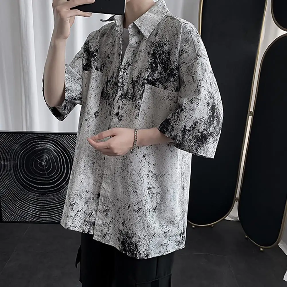 

Fashion Color Rendering Short Sleeve Turn-down Collar Men Loose Casual Top Shirt