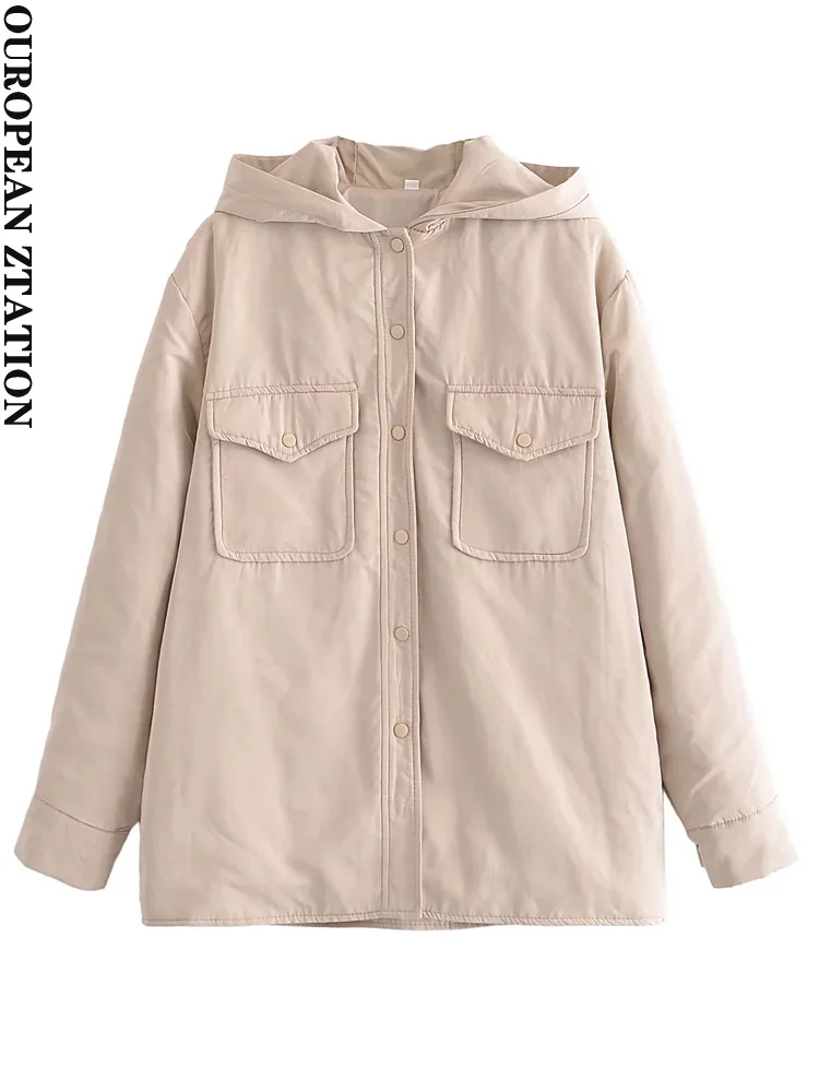 

Женская куртка с капюшоном za, модная Толстая теплая свободная парка с длинным рукавом и карманами, верхняя одежда в винтажном стиле, 2021