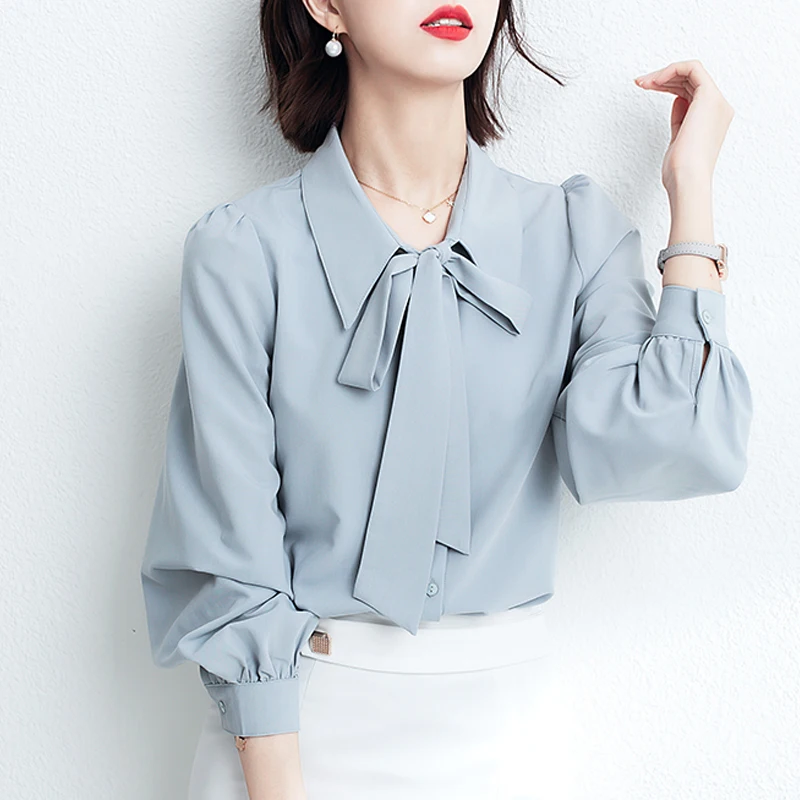 

Korean Bow Collar Chiffon Blouse Autumn New Women Long Sleeve Oversized Shirt Fashion Loose Tops and Blouses