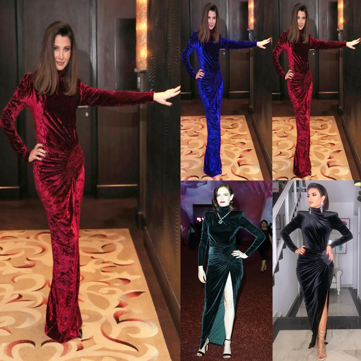 

2020 Winter Star Gathering Annual Meeting Noble Green Gold Velvet Slim Sexy High Vent Irregular Dress Long Skirt