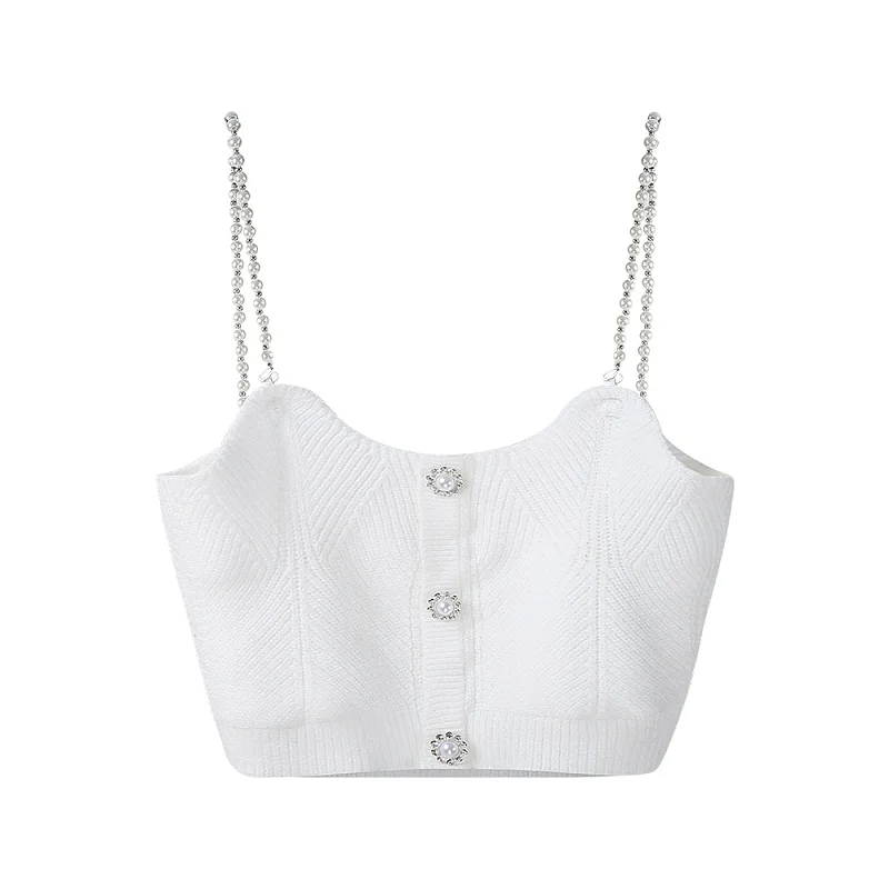 

Rhinestone buckle short slim knit camisole women's 2021NEW summer pearl string straps tube top bottoming with women's tops