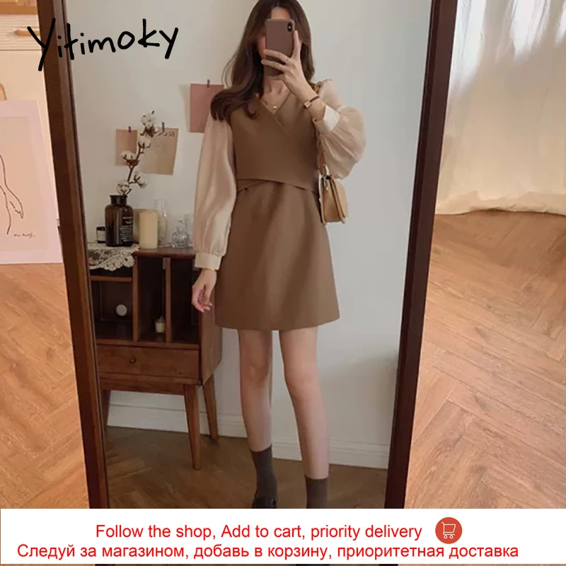 

Yitimoky Vintage Mini Dresses Women Plus Size Puff Sleeve High Waist Button V-Neck A-line Spring 2021 New Fashion Clothing
