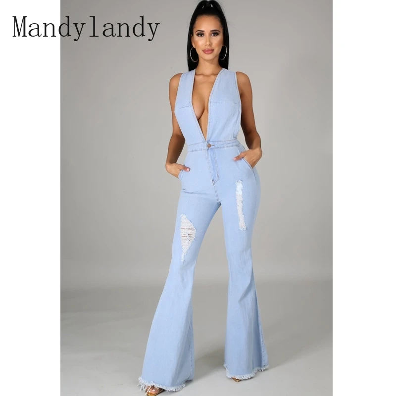 

Mandylandy Women's Solid Color Sexy Slim Sleeveless High Waist Jumpsuits Summer Hole V-neck Backless Strap Denim Flare Jumpsuits