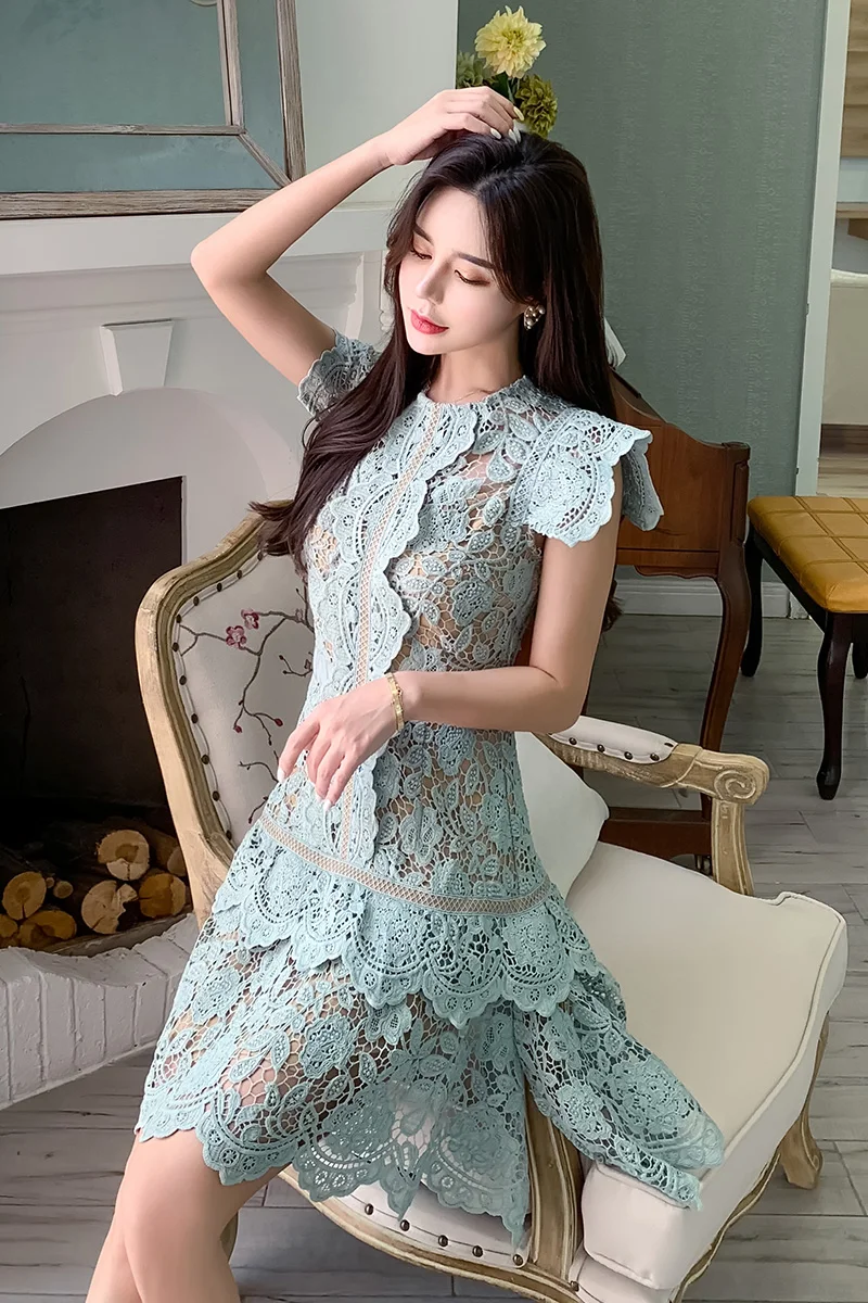 

2020 New Arrive High Quality Blue Lace Dress Women Summer New Hollow Out Patchwork Female Short Dresses Fashion Runway Dress