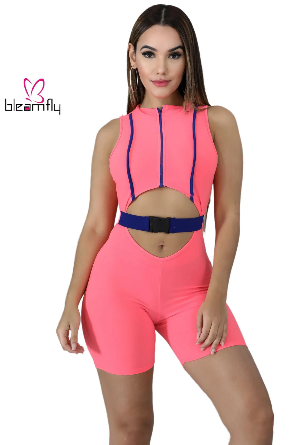 2019 Женский Летний комбинезон на молнии с пряжкой вырезами талии без рукавов