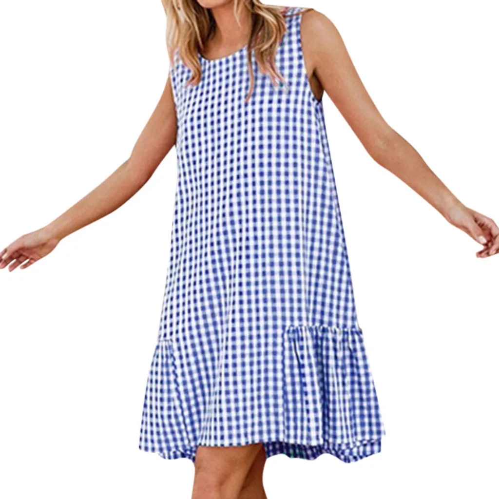 Плюс размер платье женское повседневное без рукавов с круглым вырезом в клетку
