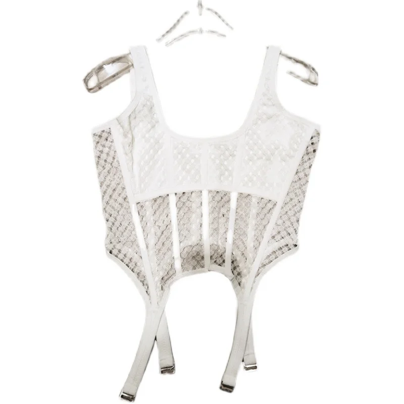 

Fishbone-style Lace Hollow-out Slim-Fitting Suspenders Tank for Women Inner and Out Wear White Sleeveless Irregular Tops Sexy