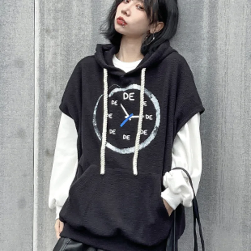 

XUXI Lamb Wool Sweater, Women Printing Hooded Coat, Streetwear Thicken Sleeveless Vest, Spring Autumn 2021, E3861