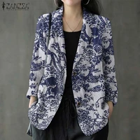 zanzea women vintage long sleeve blazer famale outwear work baggy coat 2021 autumn leisure lapel floral print button linen suit