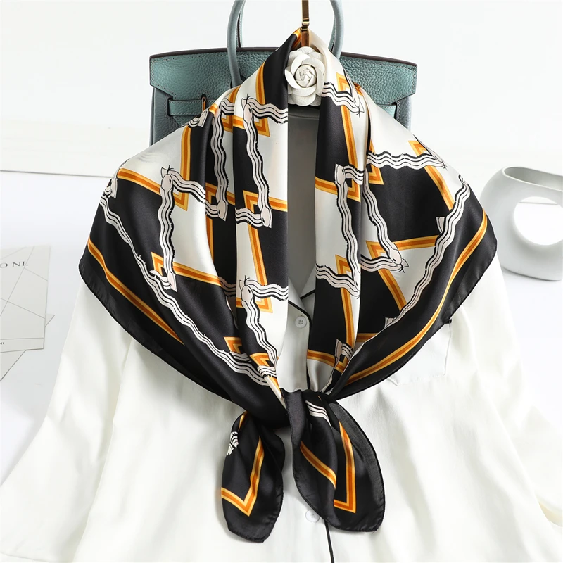 

2021 Satin Silk Square Scarf Hijab Bandana Women Bag Wrap And Shawls Headband Plaid Neckerchief Haid Tie Band Foulard 90*90cm