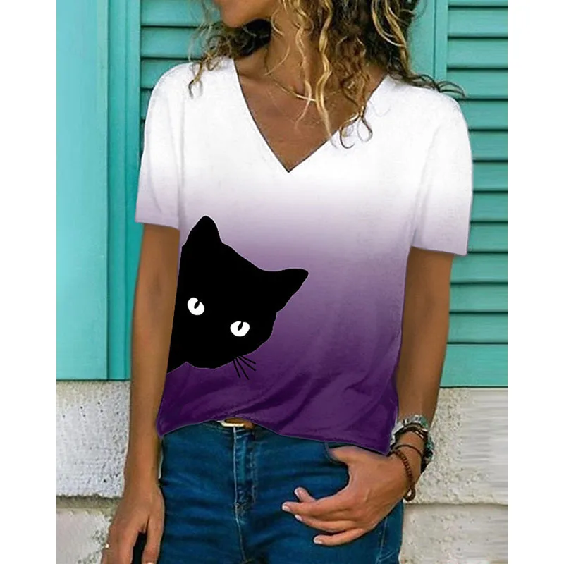 

2021 Casual Women's Gradient Tie-dye Cat Print Shirt Short-sleeved V-neck Top T-shirt Fashion Shirts for Women Plus Size