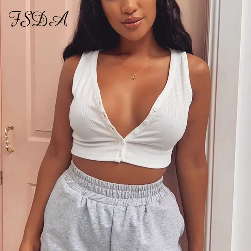 FSDA V Neck Button White Casual Crop Top Women Summer Sleeveless Off Shoulder Sexy Party Tank Knit | Женская одежда