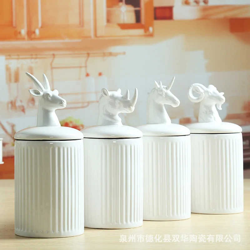 

White Ceramic Storage Container Sheep Rhinoceros Animal Head Sealed Cans Candy Tea Cans Kitchen Storage Containers Home Decor