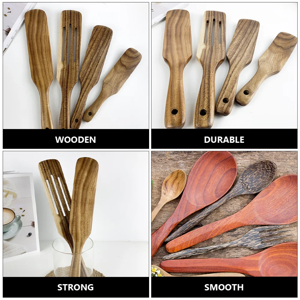 

4pcs Long Handle Spatula Non-Stick Spatula Kitchen Wooden Slotted Turner