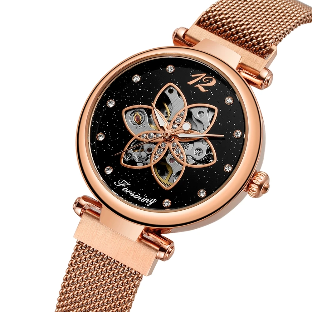 

Fashion FORSINING Women's Girl Watch Pearl Shape Skeleton Auto Rose-gold-black Mechanical Magnet Buckle Wristwatch with Gift Box