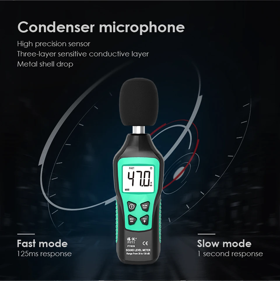 Digital Sound Level Meter 30-130dB Noise Volume Measuring Instrument Decibel Monitoring Tester Fast/Slow Two Modes Sound Meter