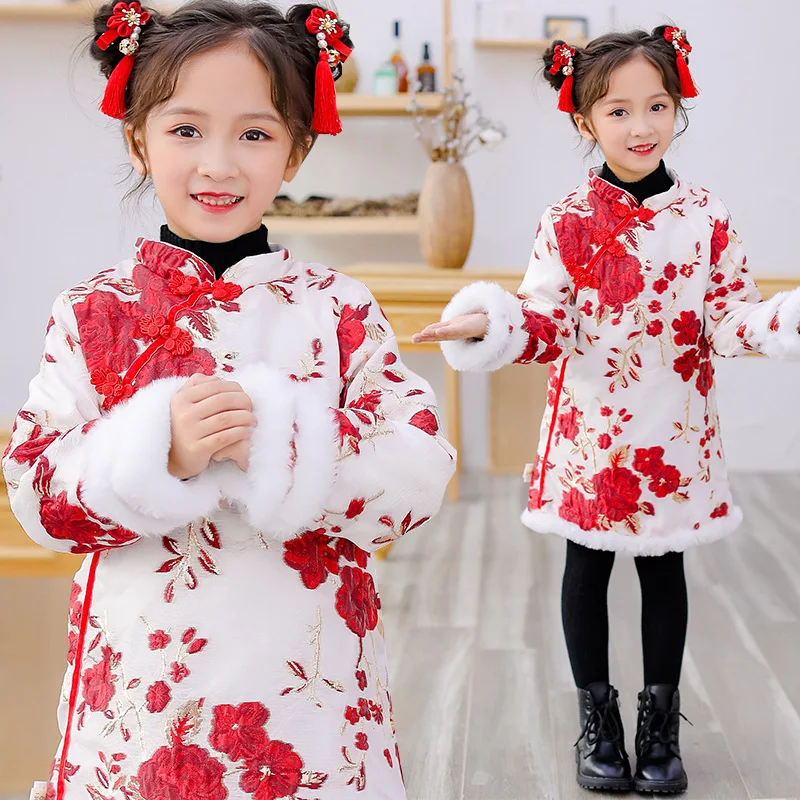 Детское пальто Cheongsam в китайском стиле с пионами; костюм Tang; детское осенне-зимнее платье с длинными рукавами; плотные платья для девочек; одежда на год