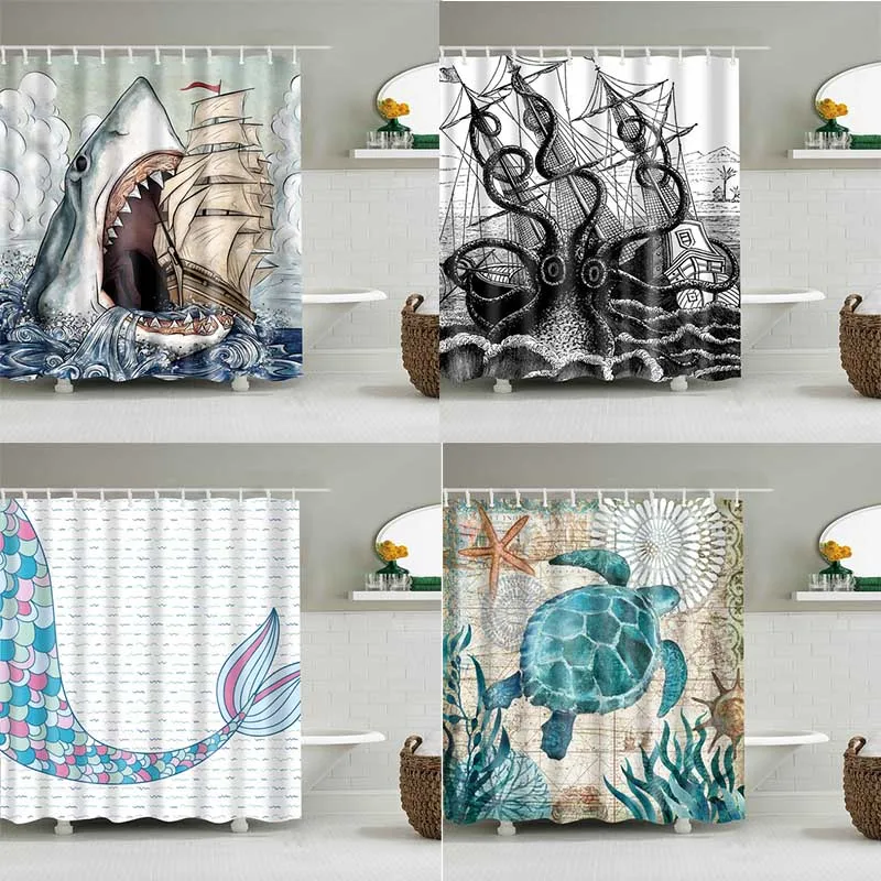 

Bath Curtain Sea Turtle Waterproof Shower Curtain Octopus Bathroom Curtains with 12 Hooks 3D blackout curtain for bathroom