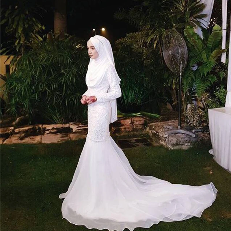 Мусульманские свадебные платья Русалка с хиджабом 2020 длинные рукава молния