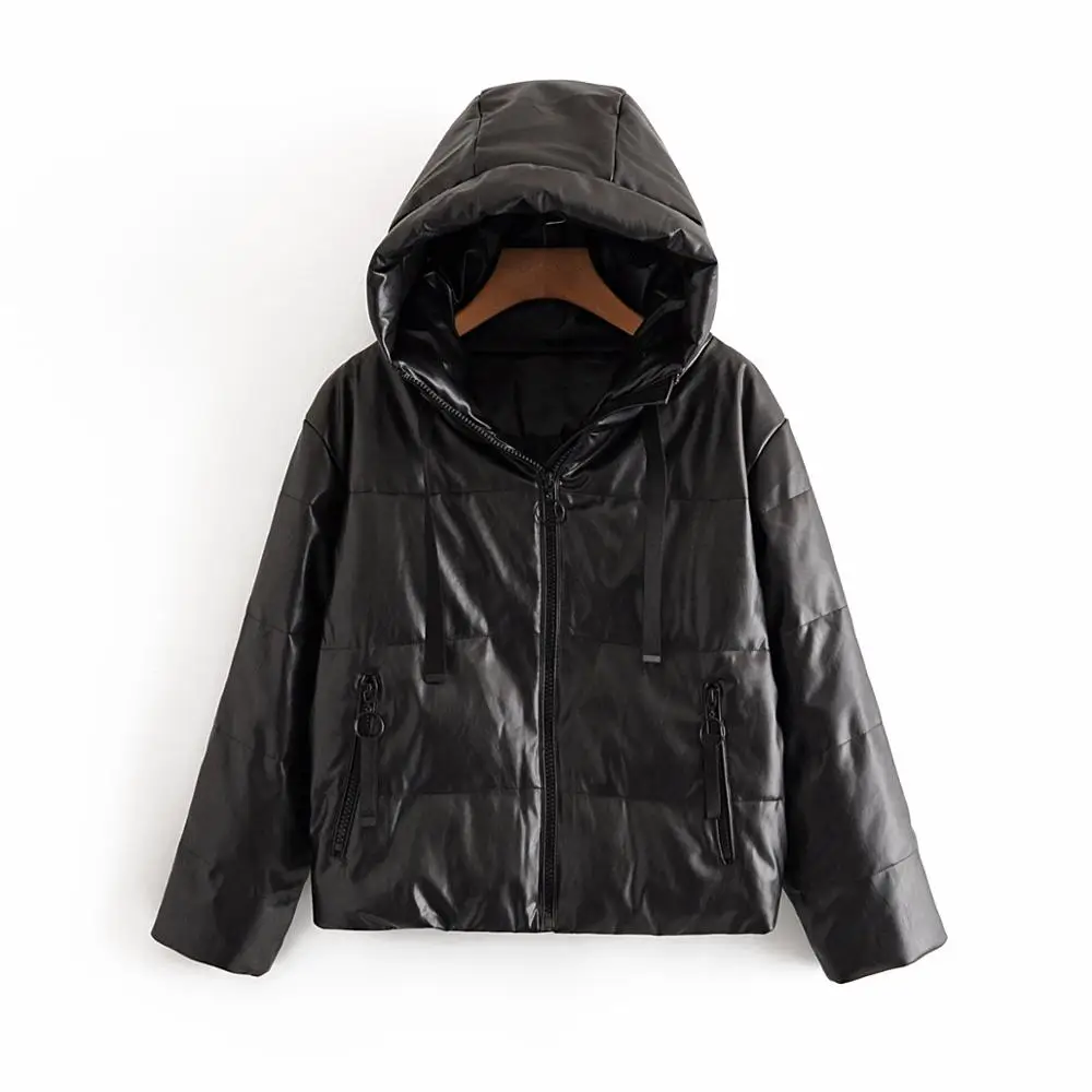 

TripleLeaf 2020Winter Zipper Hooded Jacket Parka Long Sleeve Pockets Outerwear Tops Women Thick Warm PU Faux Leather Padded Coat