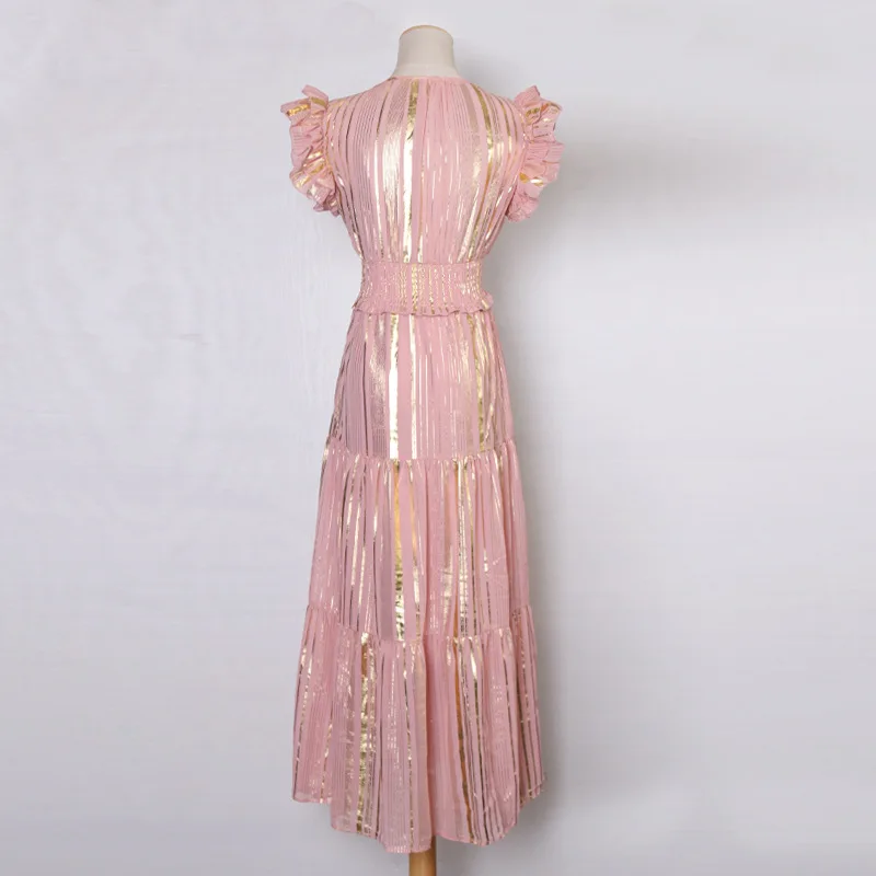 Женское Полосатое платье с оборками летнее металлическое средней длины высокой