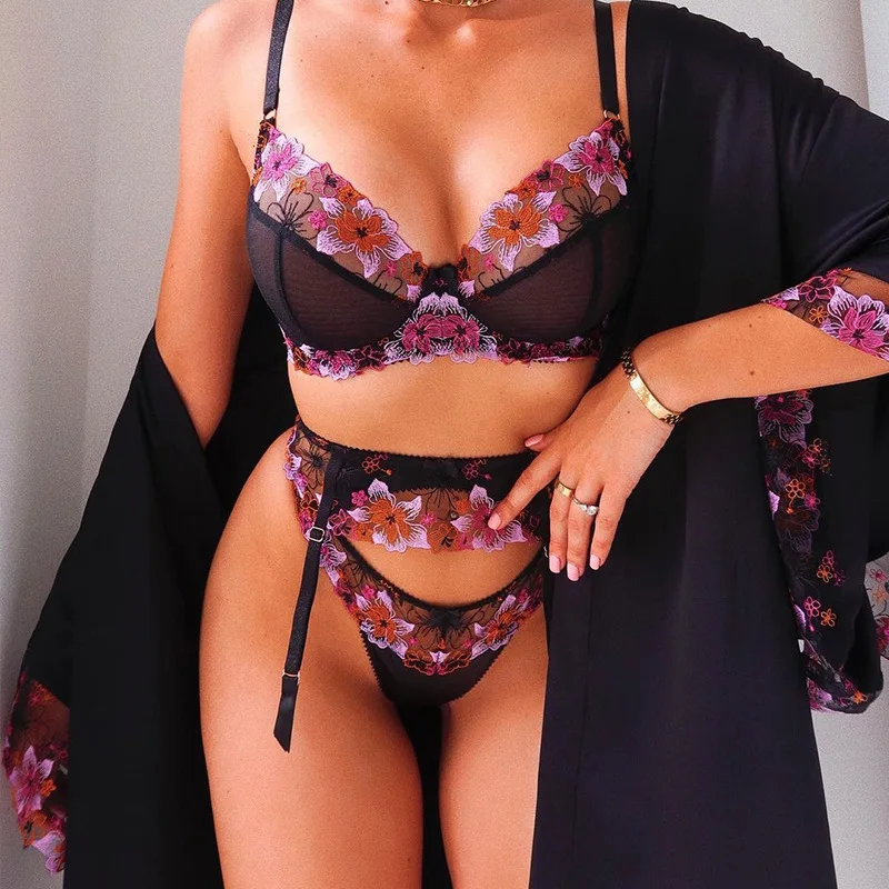 

Fashion 3-Piece Floral Embroidery Lace Bra Set Women Patchwork Lace Bra + Panty Underwear Set Ladies Black Sexy Lingerie Set