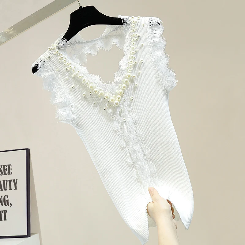 Майка женская трикотажная с открытой спиной Модная тонкая пикантная кружевная