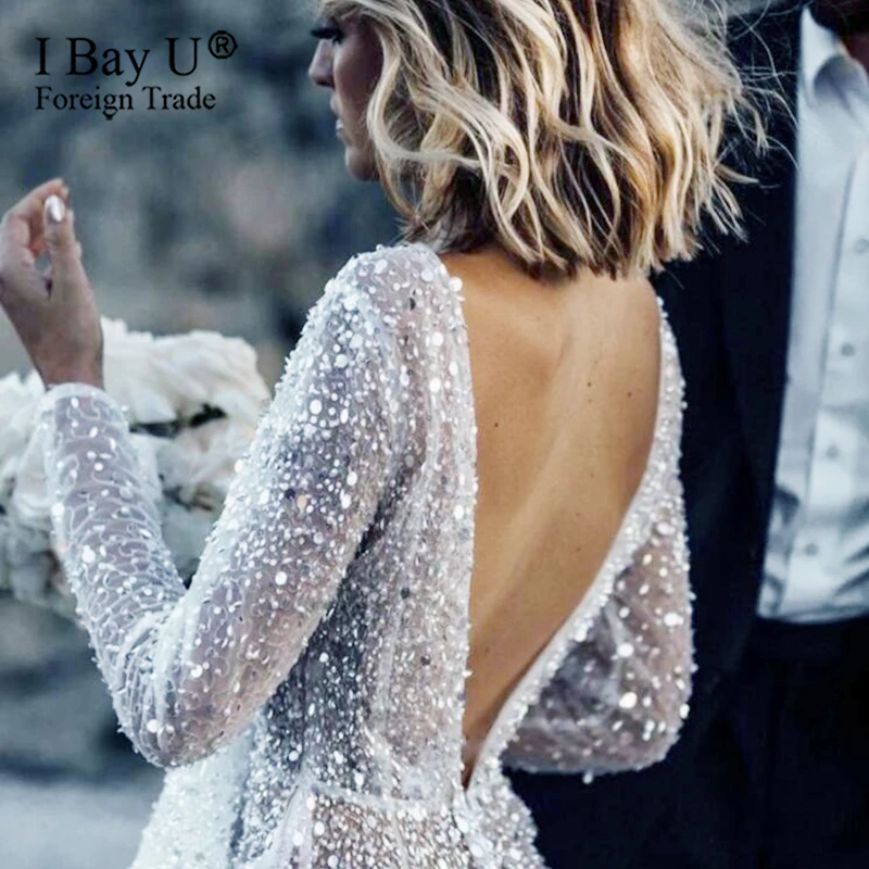 Real Photos Sparkly Sequins Long Sleeves Wedding Dress 2019 V Back Sexy Formal Bridal Gowns Custom Made
