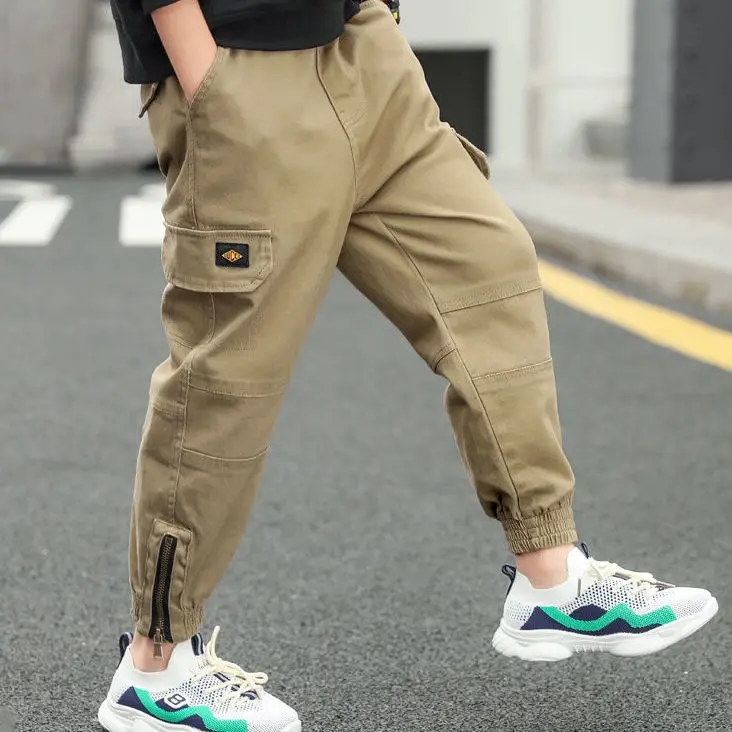

HOT SALE Boy pants 4-13 years old Cotton Trousers boy trousers overalls label Korean Side zip drawstring trousers boy clothes