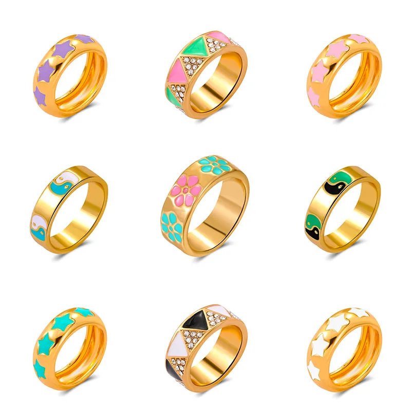 

Vintage Colorful Drop Oil Gossip Stars Daisy Love Heart Finger Rings for Women Fashion Simple Gold Color Geometric Ring Jewelry