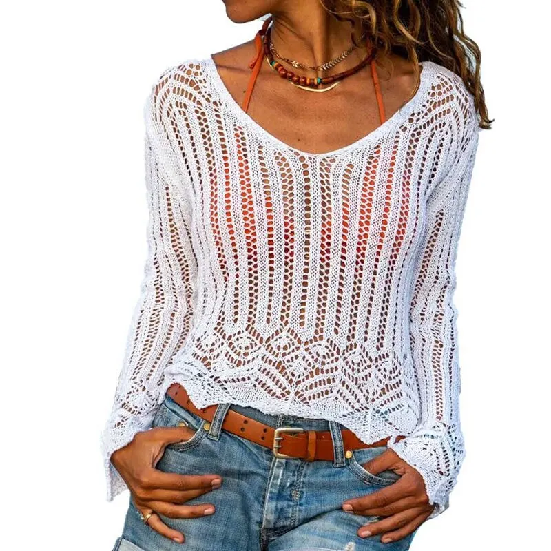 

Sexy Women Pure Color Thin Knitwear 2020 New Autumn Ladies Hollow Out Loose Sweater V Neck Beach Streetwear Female Clothes