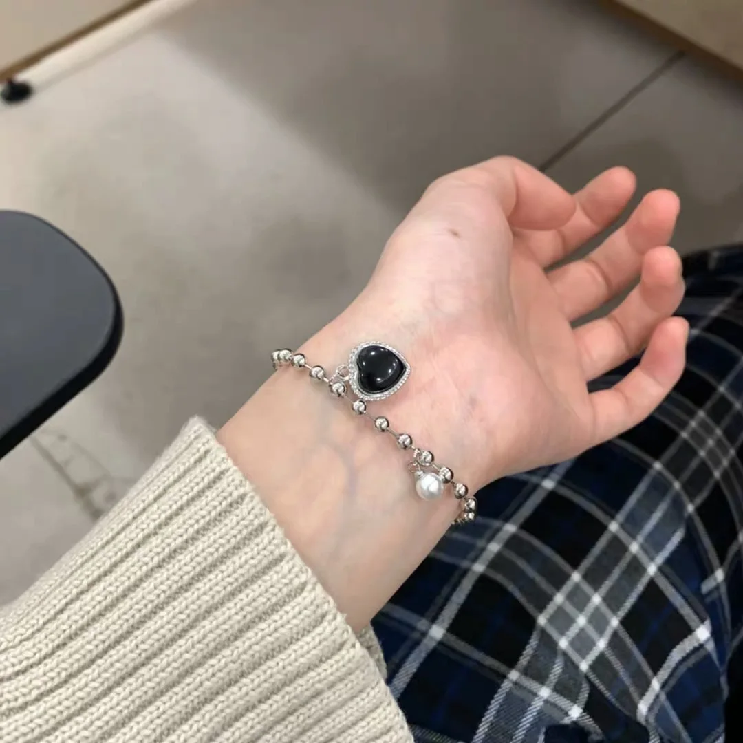 Новинка 2022 стильный черный женский браслет с жемчугом из титановой стали и