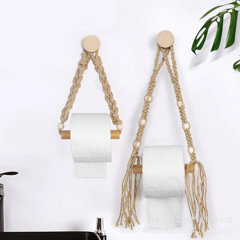 

Roll Paper Holder Hemps Rope Woven Retro Punch Free Toilet Paper Bathroom Towel Rack L66