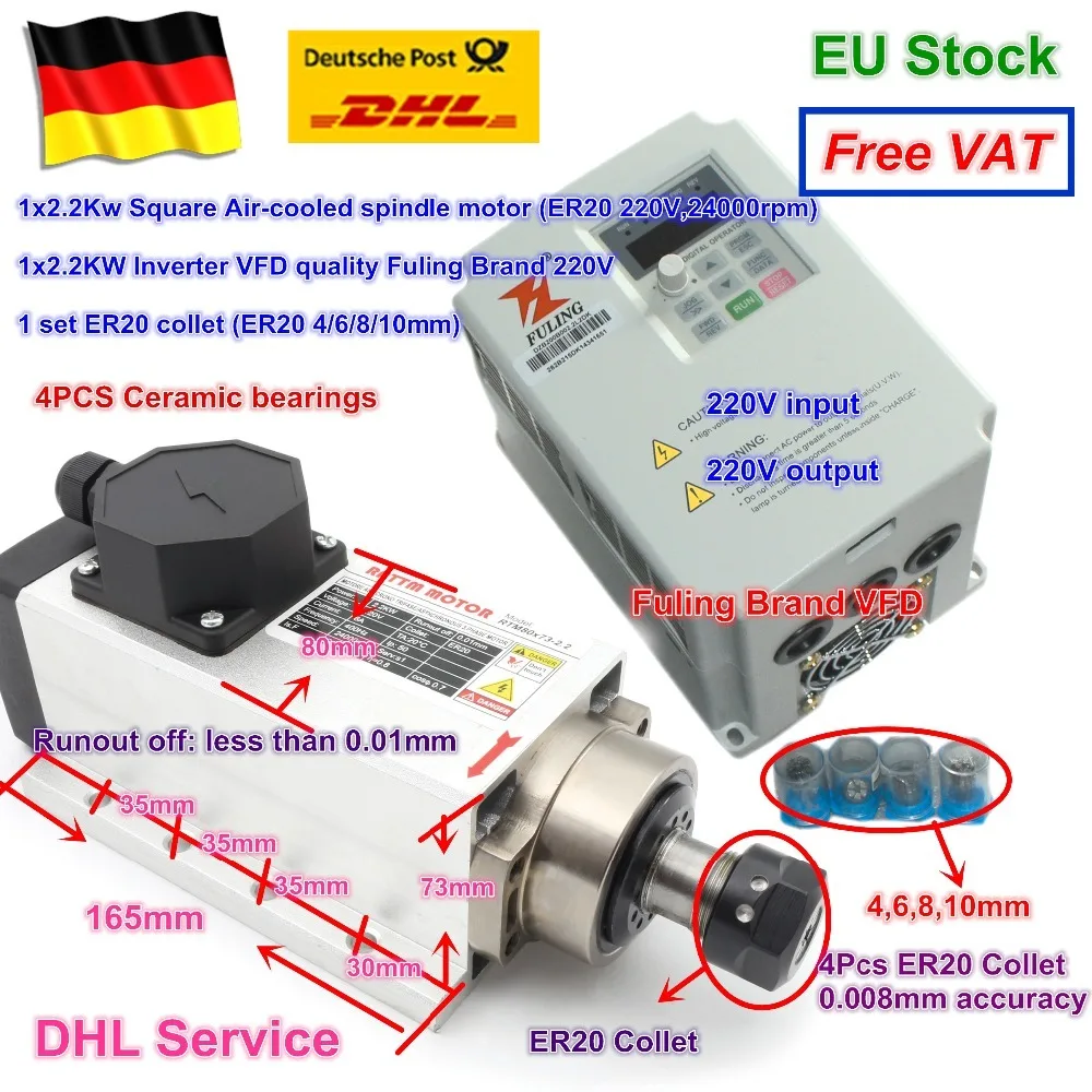 DE квадратный 2.2kw с воздушным охлаждением ЧПУ мотор шпинделя 220V 24000 об/мин ER20 квт.