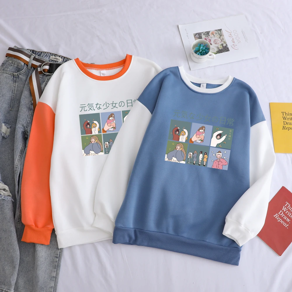Худи женское в японском стиле модная уличная одежда пэчворк с мультяшным принтом
