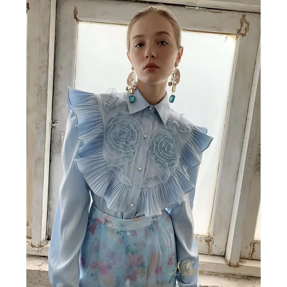 

2021 Spring New Design Retro Three Dimensional Appliques Pleated Ruffle Patchwork Full Shirts Straight Women Tops