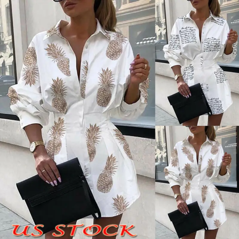 

US Women V Neck Long Sleeve Blouse Button Down Top Shirt Casual Loose Mini Dress