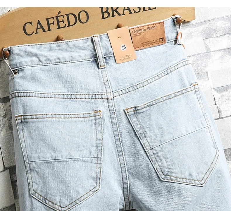

New Summer Men Holes Denim Shorts Light Blue Short Jeans Good Quality Knee Length Jeans Large Size Straight