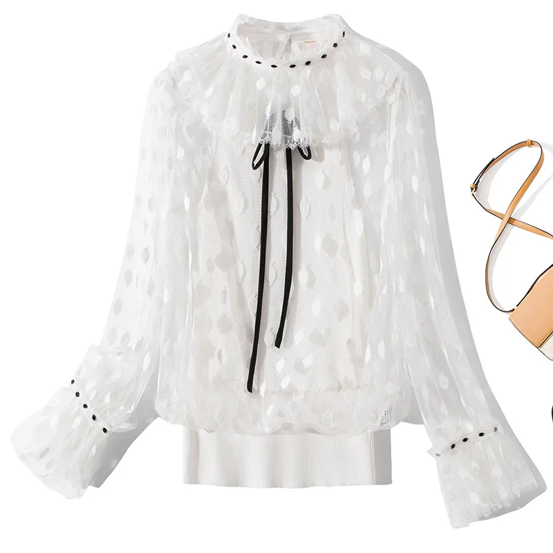 White 2020 Summer Fashion Black Jumpers Women Ruffled Collar Polka Dot Patterns Knitting Long Sleeve Casual Pullover Tops Female | Женская