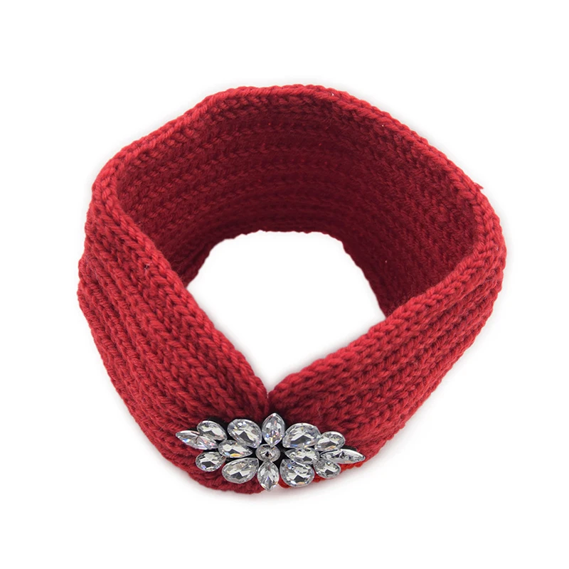 

Winter Wide Knitted Headband Women Clear Crystal Flower Twist Crochet Hair Band Head Wrap Rhinestone Ear Warmer Accessories
