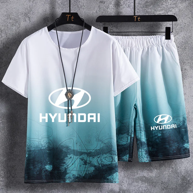 

Summer Men's suits Hyundai Car Logo Printed high quality cotton Gradient Harajuku Men's short sleeve+shorts 2-piece set